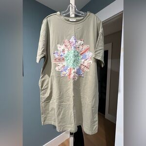 Beige T-Shirt with Colorful Patchwork Design